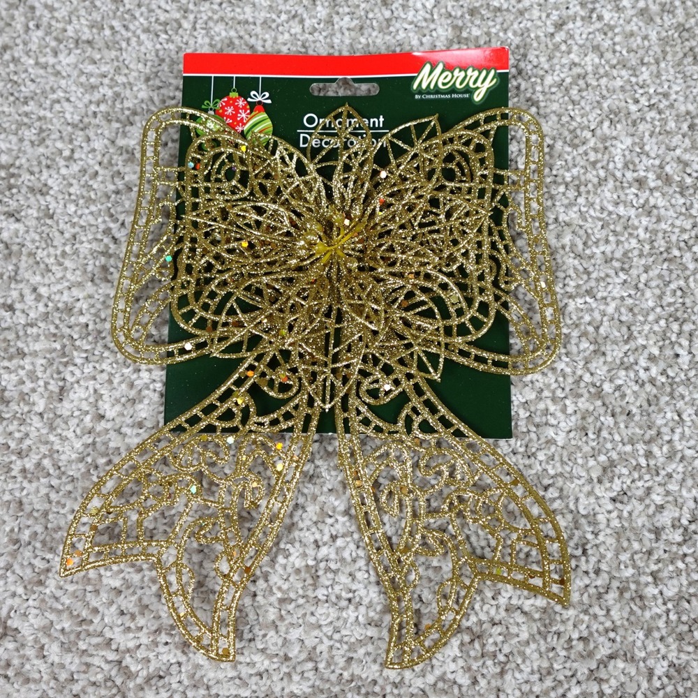 Merry by Christmas House‎ Gold Glitter Lace Bow Ornament Decoration